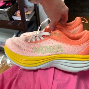 Hoka Pink and Yellow Athletic Shoes with Breathable Mesh